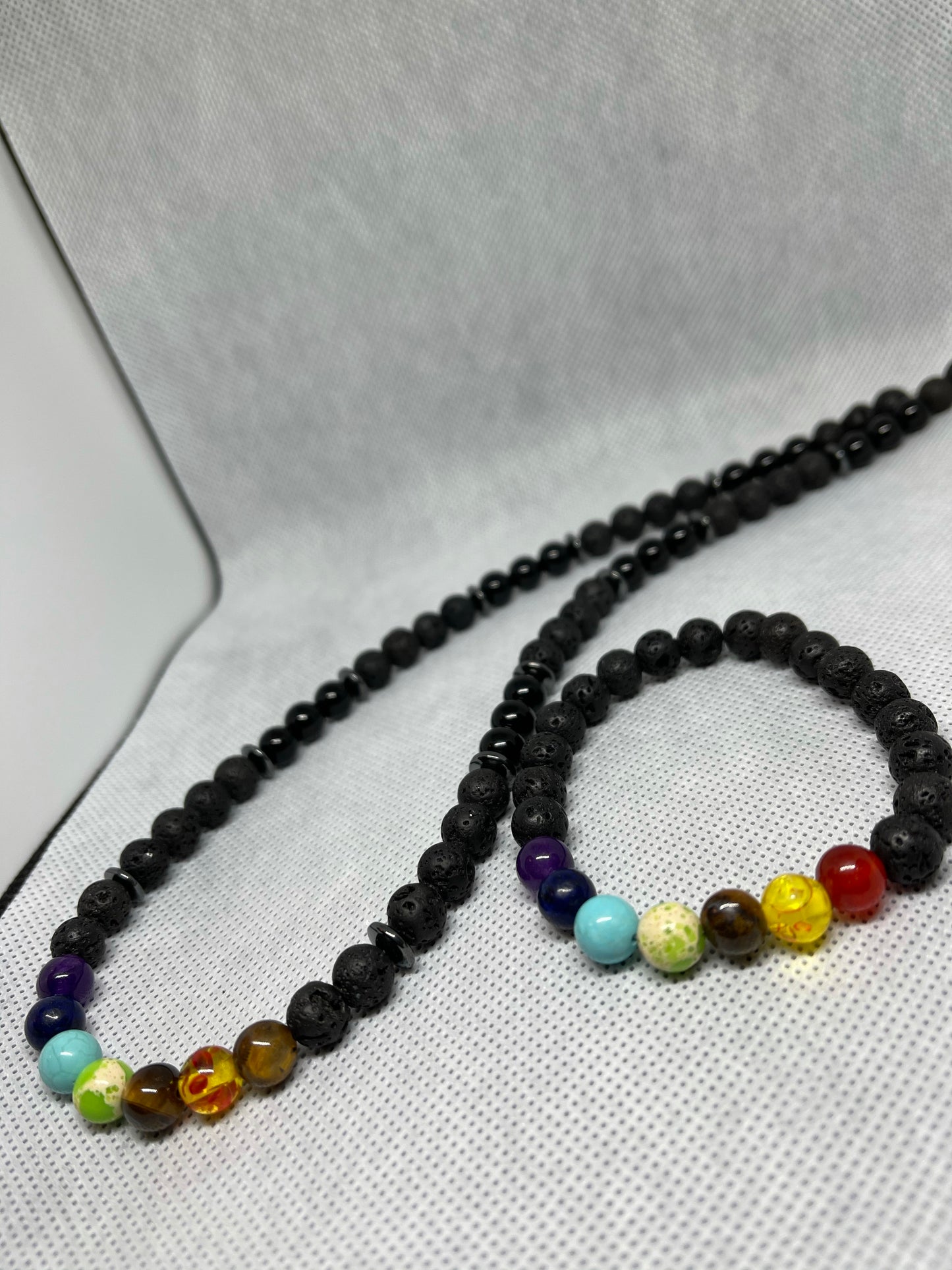 Black lava 7 chakra bracelet & necklace set