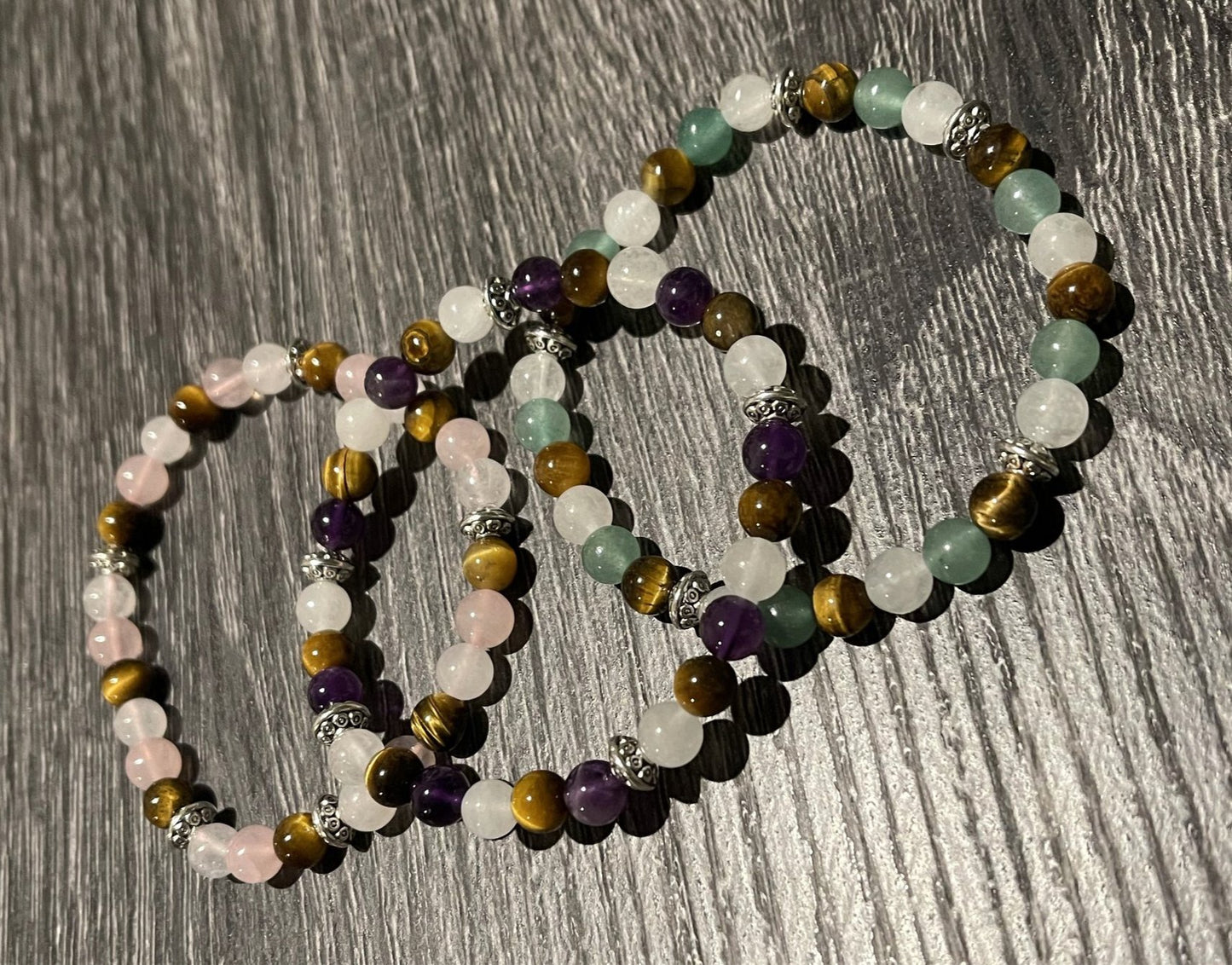 White jade & tiger’s eye ft rose quartz, amethyst, & aventurine