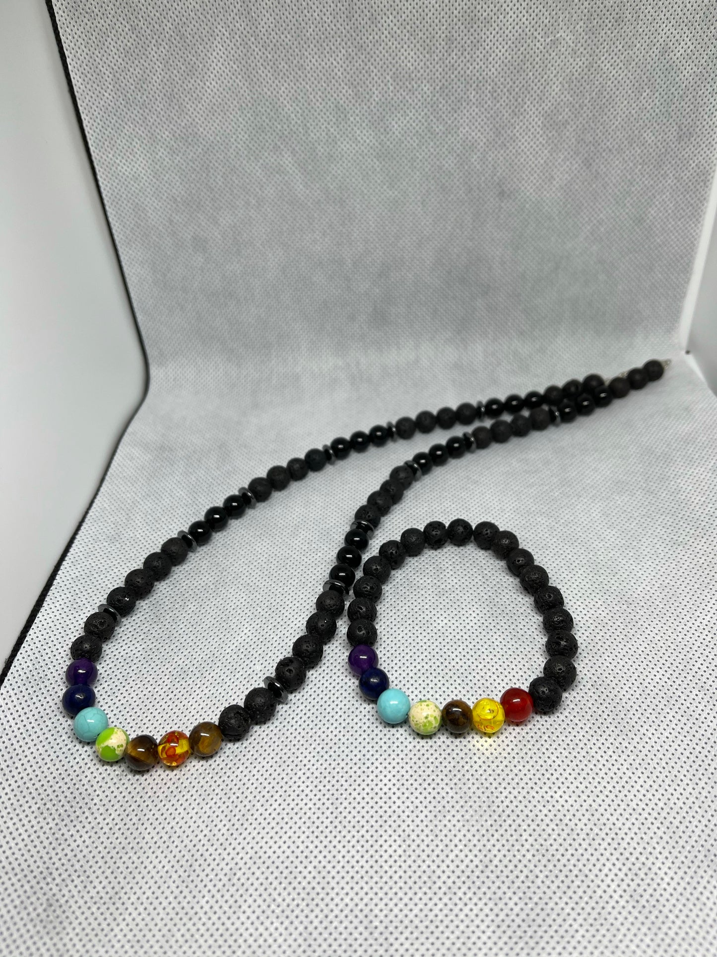 Black lava 7 chakra bracelet & necklace set