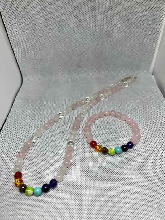 Rose Quartz 7 chakra bracelet & necklace set