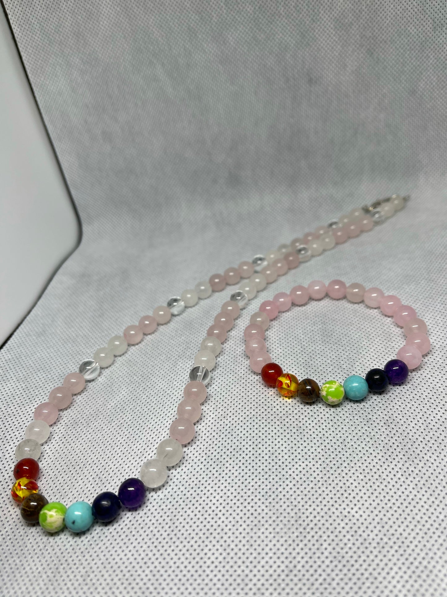 Rose Quartz 7 chakra bracelet & necklace set
